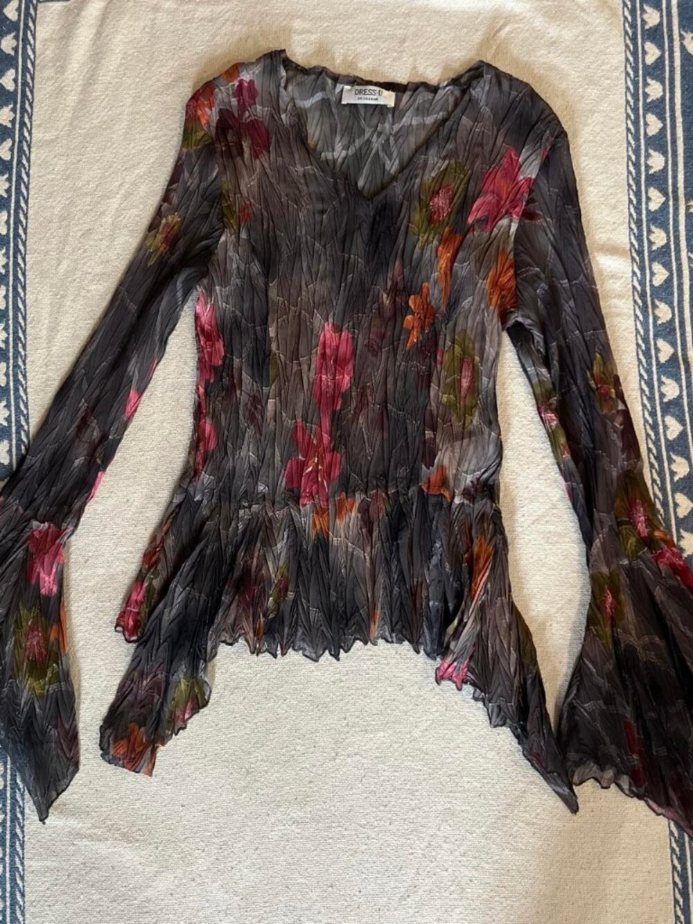 insane vintage whimsigoth floral asymmetrical bell sleeve sheer frilly top
